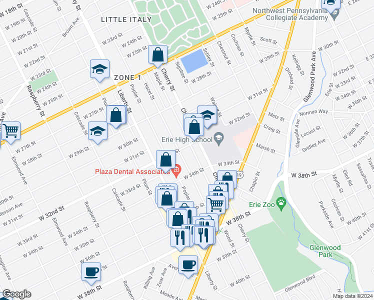 map of restaurants, bars, coffee shops, grocery stores, and more near 627 W 32nd St in Erie
