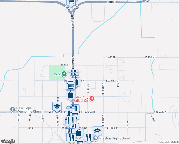 map of restaurants, bars, coffee shops, grocery stores, and more near 250 North 1st East in Preston