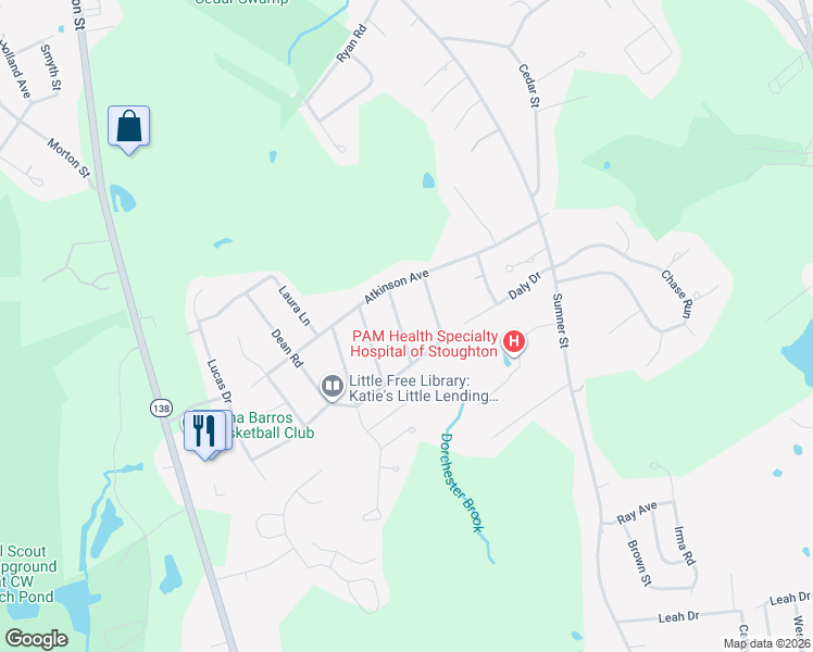 map of restaurants, bars, coffee shops, grocery stores, and more near 32 Farnham Road in Stoughton