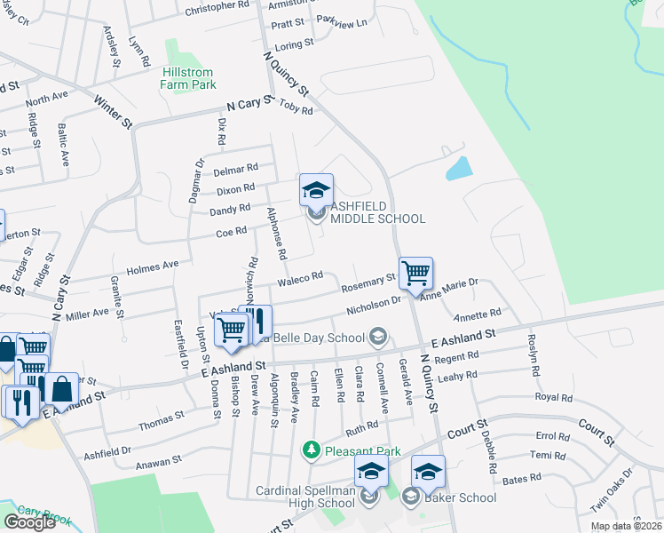 map of restaurants, bars, coffee shops, grocery stores, and more near 19 Waleco Road in Brockton