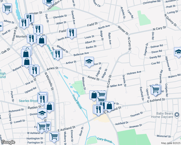 map of restaurants, bars, coffee shops, grocery stores, and more near 26 Saint Casimir Avenue in Brockton