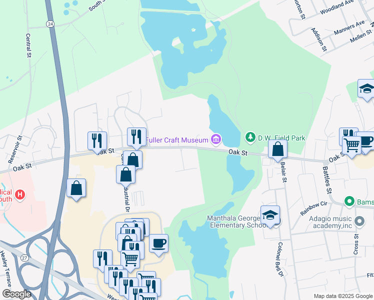 map of restaurants, bars, coffee shops, grocery stores, and more near 457 Oak Street in Brockton