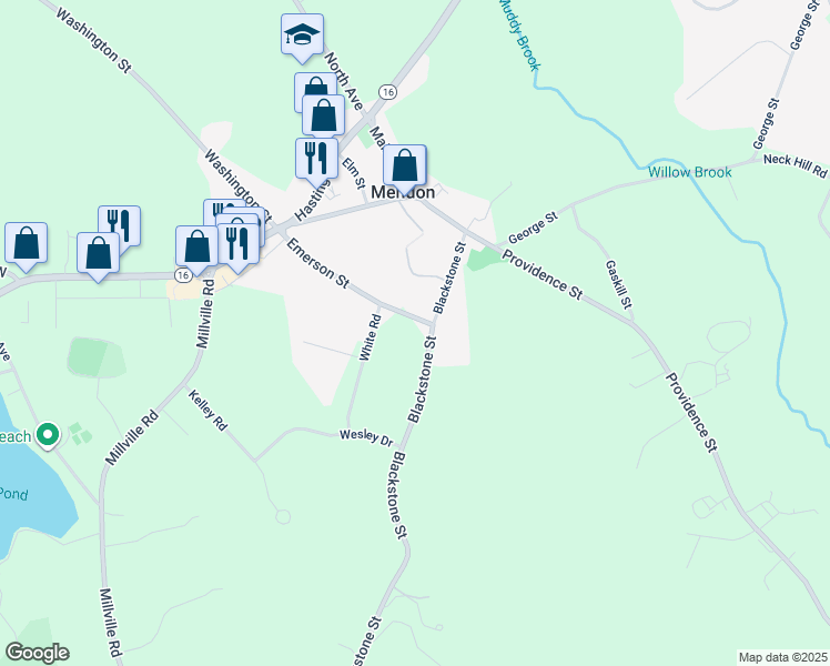 map of restaurants, bars, coffee shops, grocery stores, and more near 26 Emerson Street in Mendon