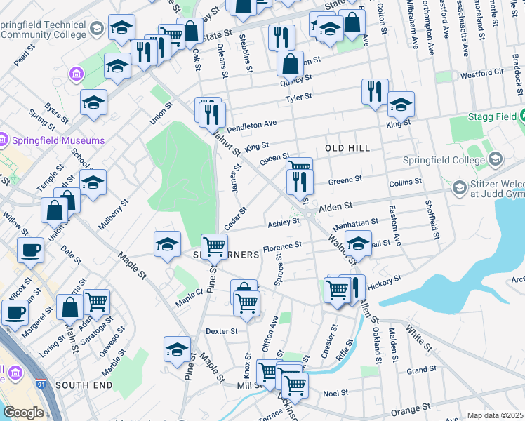 map of restaurants, bars, coffee shops, grocery stores, and more near 131 Cedar Street in Springfield