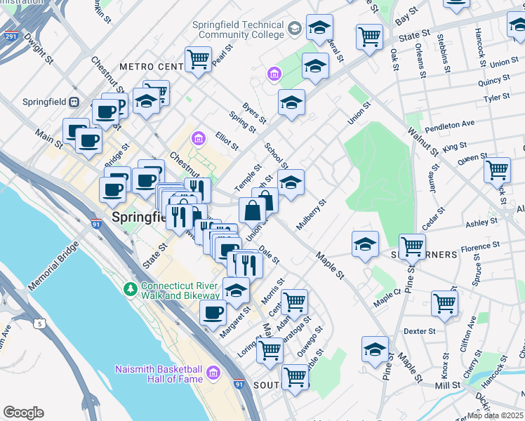 map of restaurants, bars, coffee shops, grocery stores, and more near 77 Maple Street in Springfield