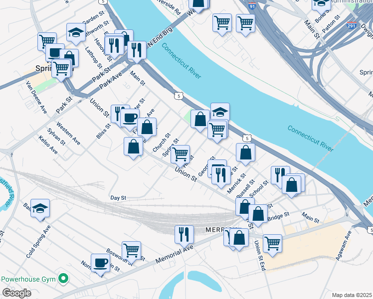 map of restaurants, bars, coffee shops, grocery stores, and more near 44 Day Street in West Springfield