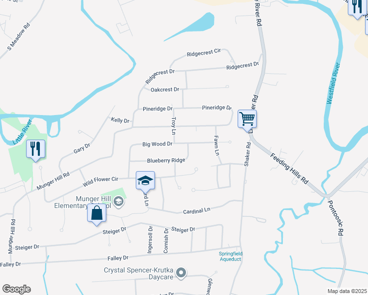 map of restaurants, bars, coffee shops, grocery stores, and more near 37 Big Wood Drive in Westfield