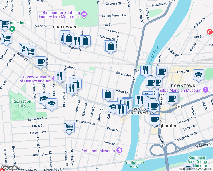 map of restaurants, bars, coffee shops, grocery stores, and more near 172 Chapin Street in Binghamton