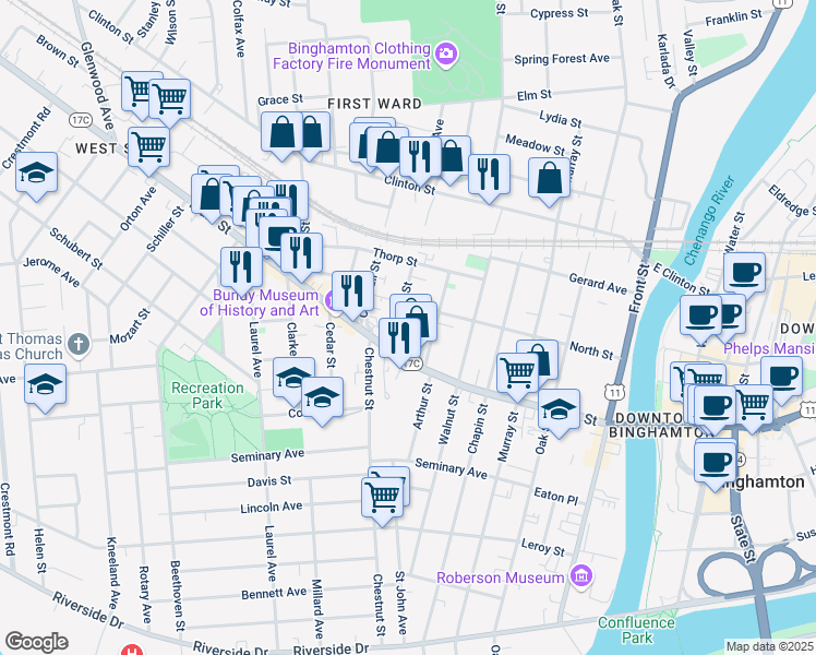 map of restaurants, bars, coffee shops, grocery stores, and more near 14 Edwards Street in Binghamton