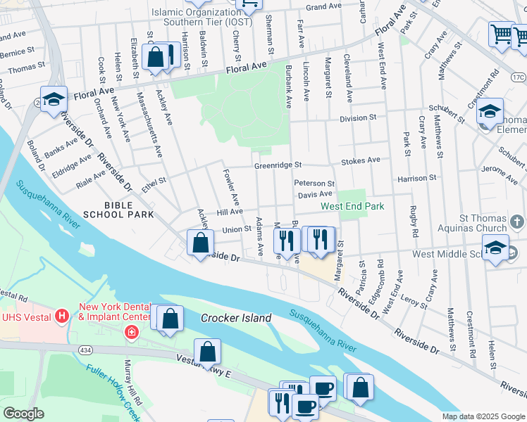 map of restaurants, bars, coffee shops, grocery stores, and more near Adams Avenue in Johnson City