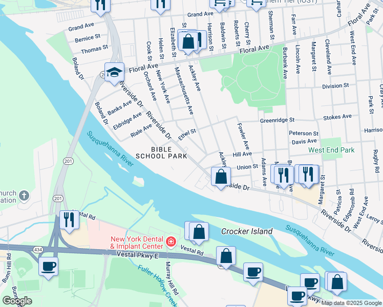map of restaurants, bars, coffee shops, grocery stores, and more near 62 Burdick Avenue in Johnson City
