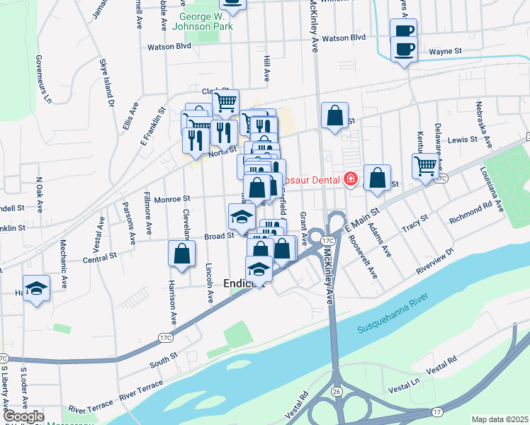 map of restaurants, bars, coffee shops, grocery stores, and more near 110 Washington Avenue in Endicott