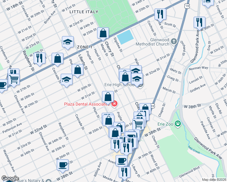 map of restaurants, bars, coffee shops, grocery stores, and more near 636 West 32nd Street in Erie