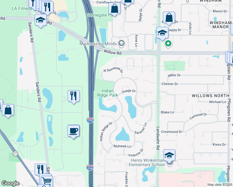 map of restaurants, bars, coffee shops, grocery stores, and more near 2514 Osage Drive in Glenview