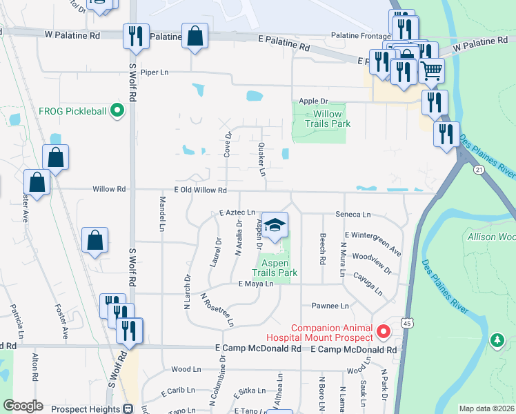 map of restaurants, bars, coffee shops, grocery stores, and more near 1807 East Old Willow Road in Mount Prospect