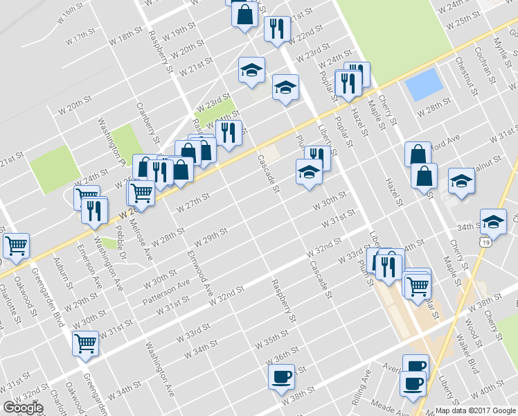 map of restaurants, bars, coffee shops, grocery stores, and more near 1036 West 29th Street in Erie