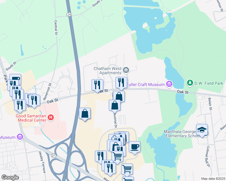 map of restaurants, bars, coffee shops, grocery stores, and more near 642 Oak Street in Brockton