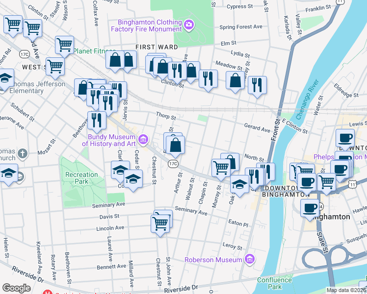 map of restaurants, bars, coffee shops, grocery stores, and more near 11 Mather Street in Binghamton