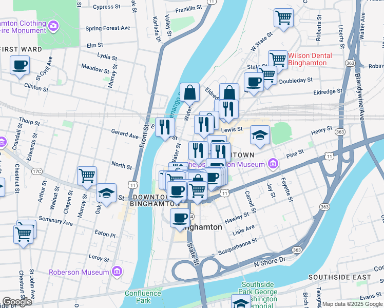 map of restaurants, bars, coffee shops, grocery stores, and more near 236 Washington Street in Binghamton