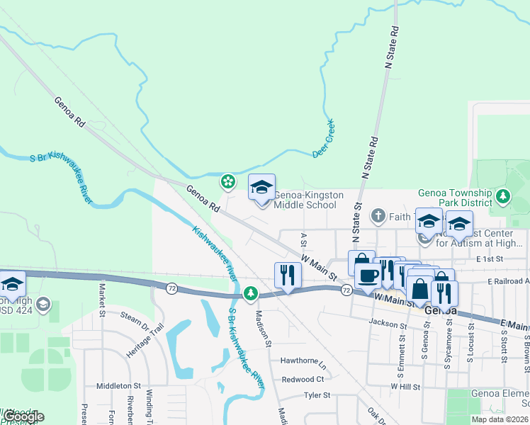map of restaurants, bars, coffee shops, grocery stores, and more near 941 West Main Street in Genoa