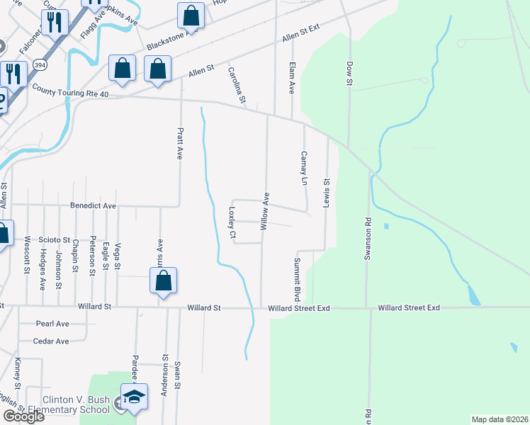 map of restaurants, bars, coffee shops, grocery stores, and more near 109 Willow Avenue in Jamestown