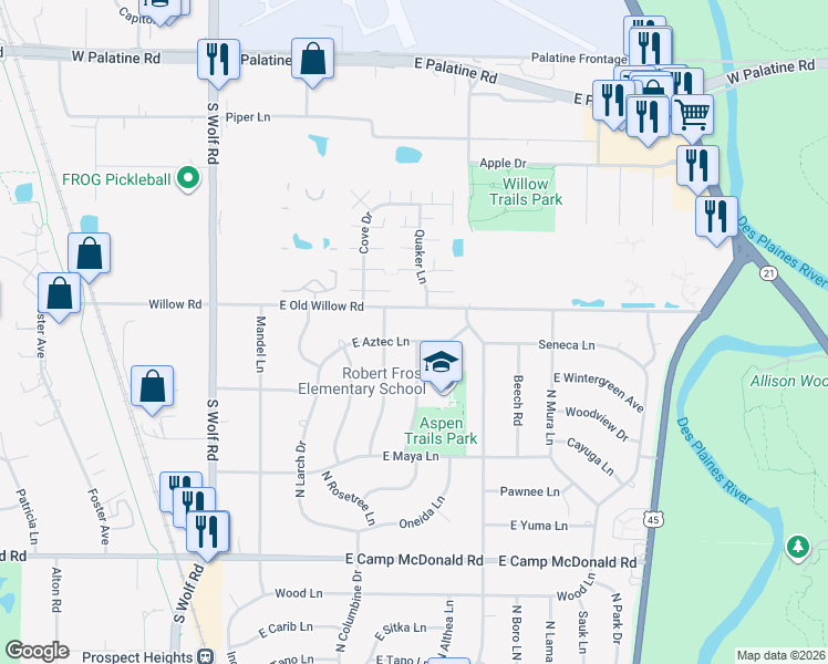 map of restaurants, bars, coffee shops, grocery stores, and more near 1807 East Old Willow Road in Mount Prospect