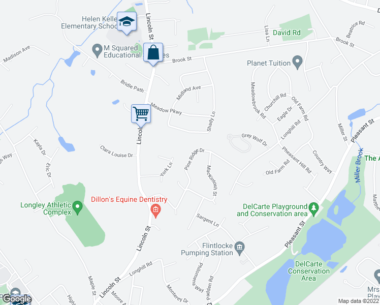 map of restaurants, bars, coffee shops, grocery stores, and more near 87 Pine Ridge Drive in Franklin