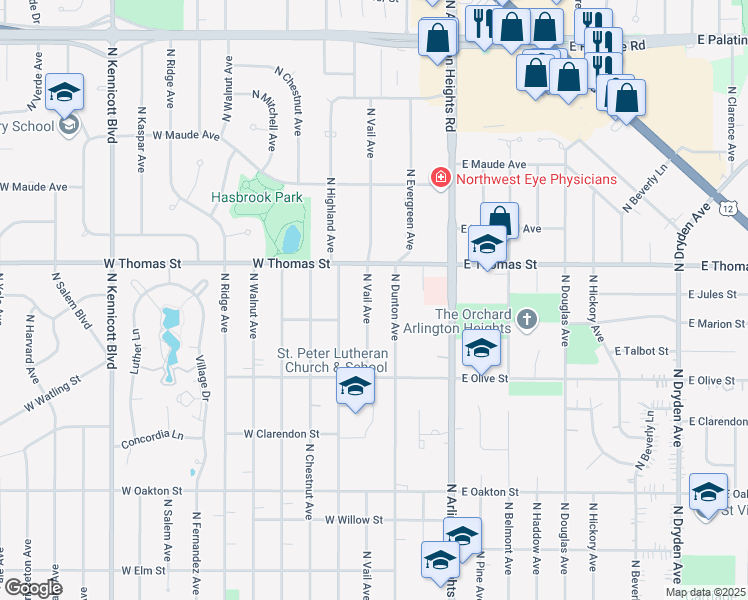 map of restaurants, bars, coffee shops, grocery stores, and more near 1415 North Vail Avenue in Arlington Heights