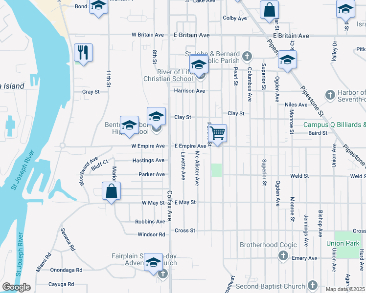 map of restaurants, bars, coffee shops, grocery stores, and more near 901 Lavette Avenue in Benton Harbor