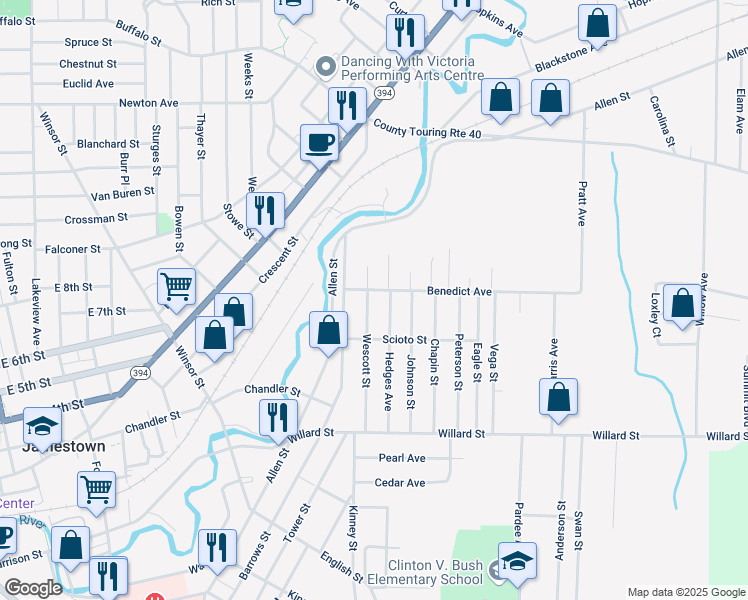 map of restaurants, bars, coffee shops, grocery stores, and more near 15 Benedict Avenue in Jamestown