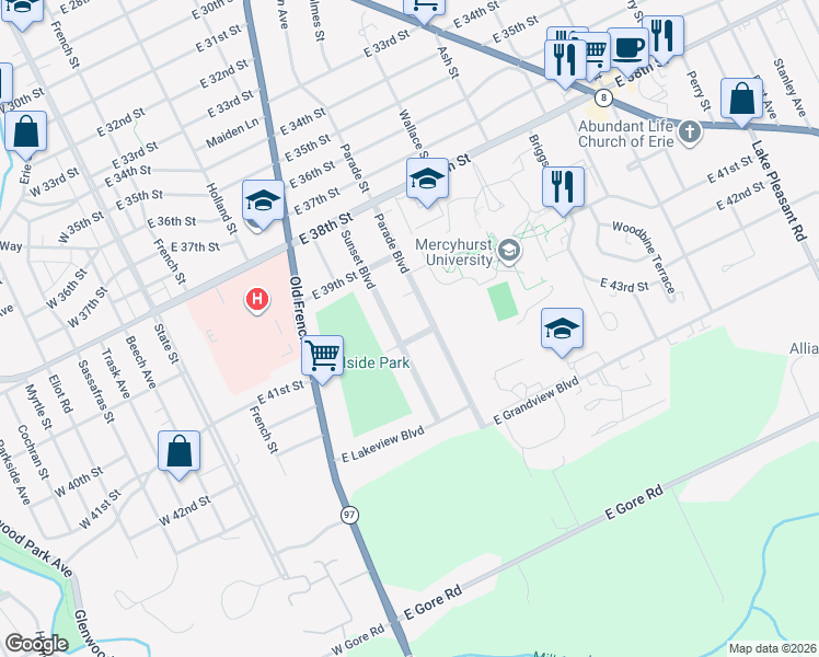map of restaurants, bars, coffee shops, grocery stores, and more near 4030 Parade Boulevard in Erie