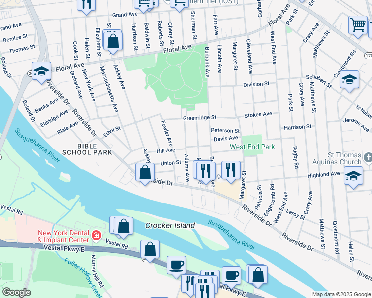 map of restaurants, bars, coffee shops, grocery stores, and more near Adams Avenue in Johnson City