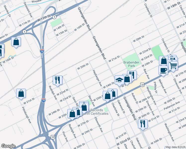 map of restaurants, bars, coffee shops, grocery stores, and more near 2118 Haybarger Avenue in Erie