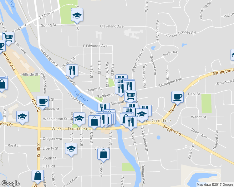 map of restaurants, bars, coffee shops, grocery stores, and more near 115 East 3rd Street in East Dundee