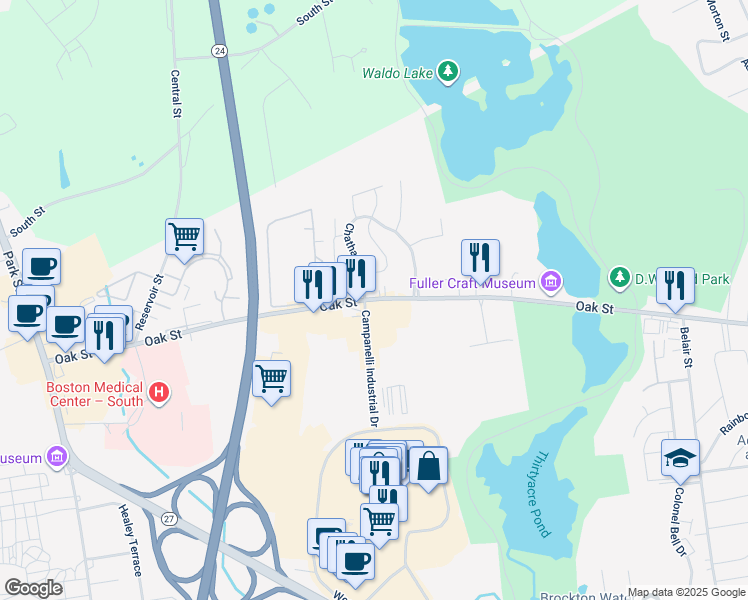 map of restaurants, bars, coffee shops, grocery stores, and more near 642 Oak Street in Brockton