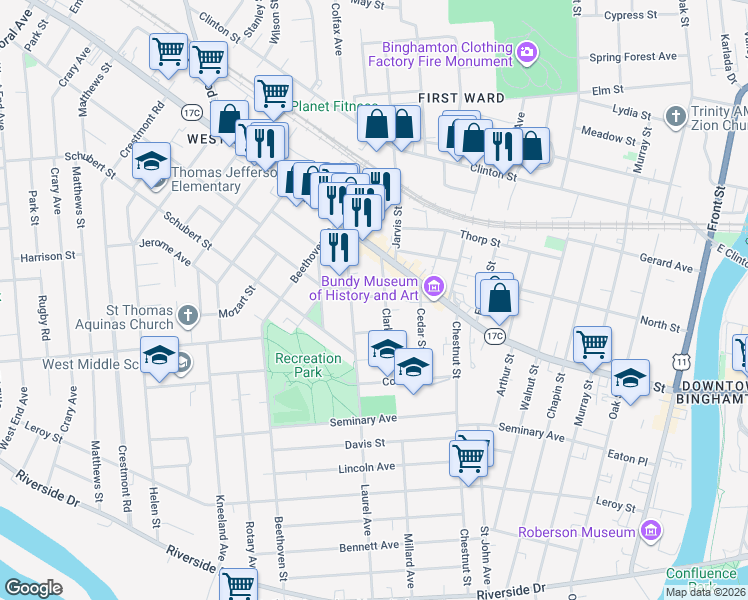 map of restaurants, bars, coffee shops, grocery stores, and more near 42 Clarke Street in Binghamton