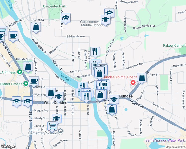 map of restaurants, bars, coffee shops, grocery stores, and more near 115 East 3rd Street in East Dundee