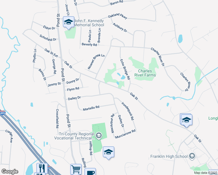 map of restaurants, bars, coffee shops, grocery stores, and more near 575 Oak Street in Franklin