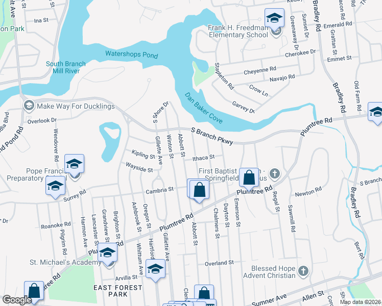 map of restaurants, bars, coffee shops, grocery stores, and more near 389 Abbott Street in Springfield