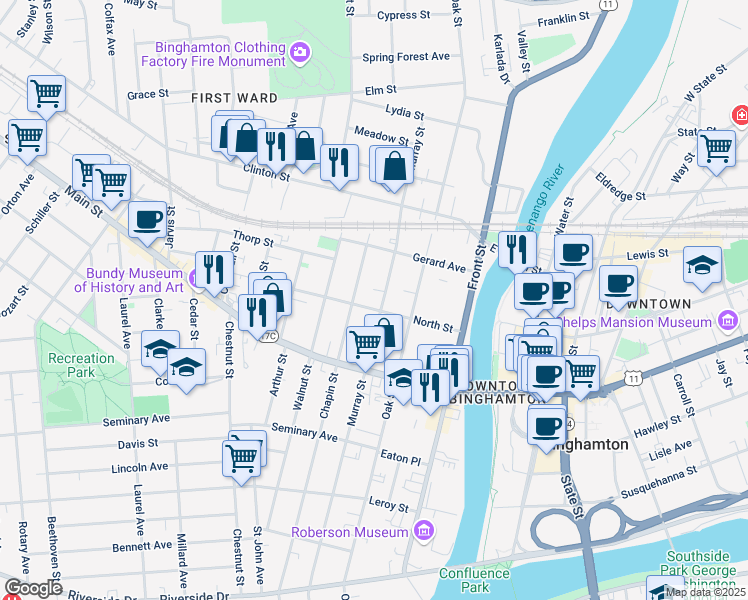 map of restaurants, bars, coffee shops, grocery stores, and more near 172 Chapin Street in Binghamton