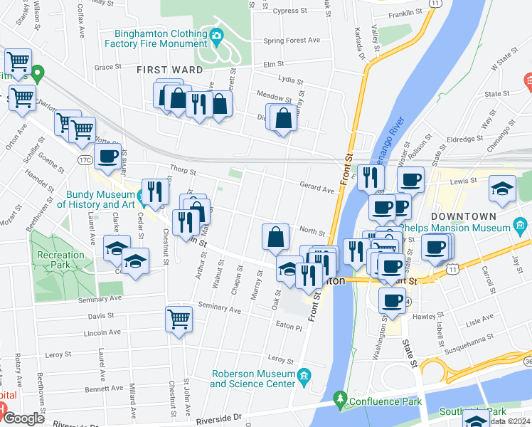 map of restaurants, bars, coffee shops, grocery stores, and more near 172 Chapin Street in Binghamton
