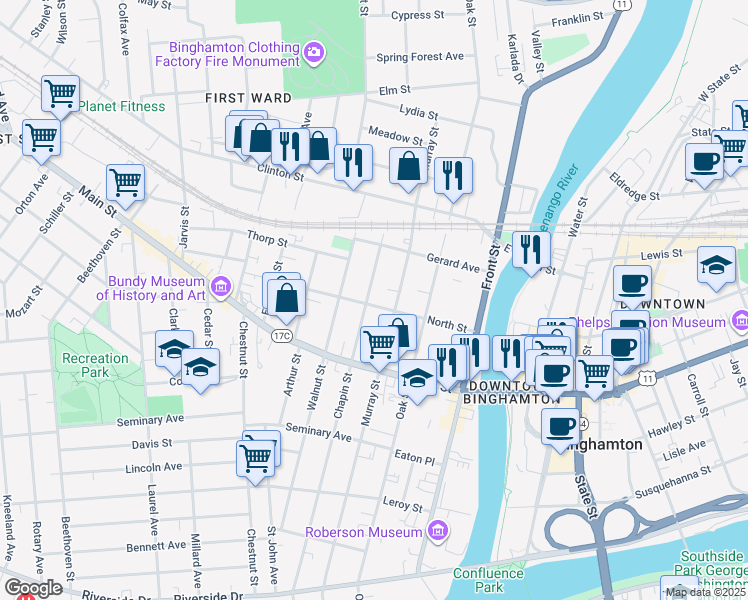 map of restaurants, bars, coffee shops, grocery stores, and more near 172 Chapin Street in Binghamton