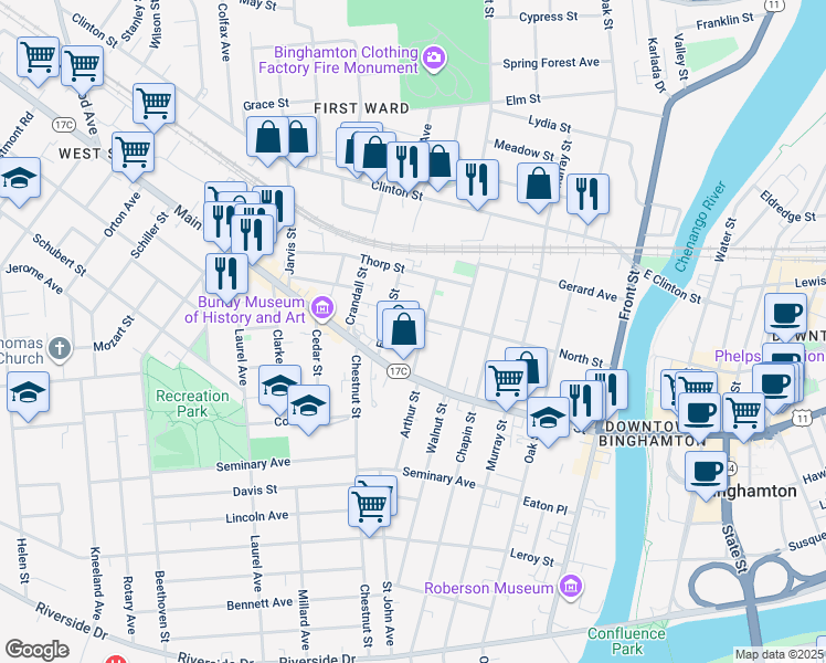 map of restaurants, bars, coffee shops, grocery stores, and more near 48 North Street in Binghamton