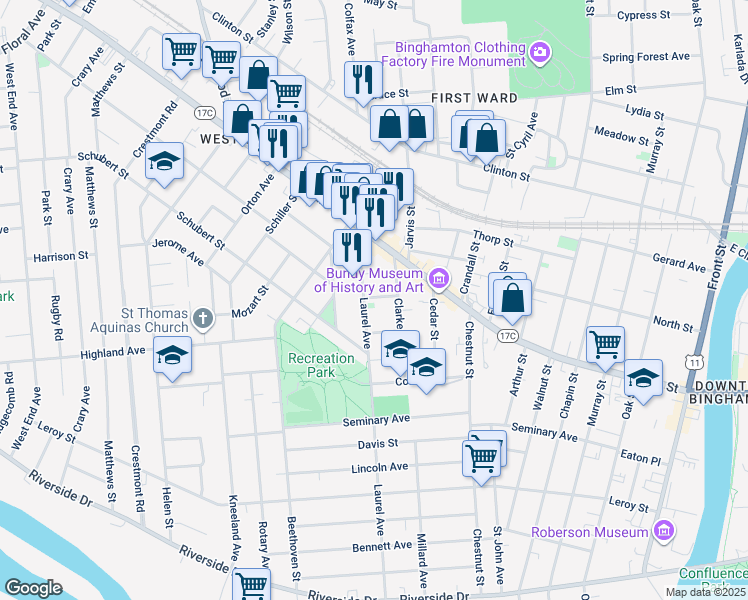 map of restaurants, bars, coffee shops, grocery stores, and more near 135 Laurel Avenue in Binghamton