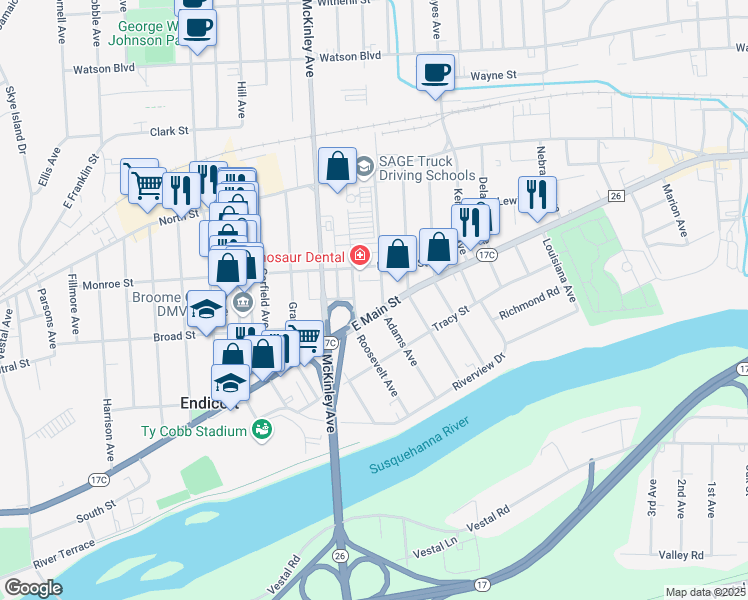 map of restaurants, bars, coffee shops, grocery stores, and more near 108 Adams Avenue in Endicott