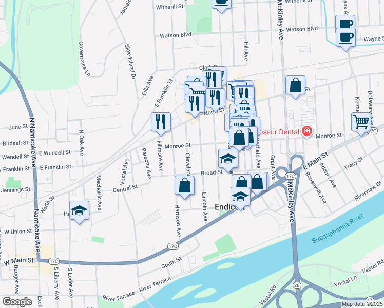 map of restaurants, bars, coffee shops, grocery stores, and more near 100 Cleveland Avenue in Endicott