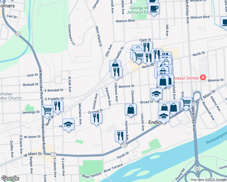 map of restaurants, bars, coffee shops, grocery stores, and more near 1 Parsons Avenue in Endicott