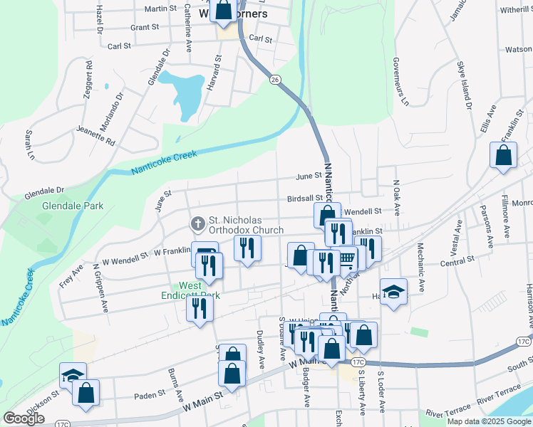 map of restaurants, bars, coffee shops, grocery stores, and more near 304 Birdsall Street in Endicott