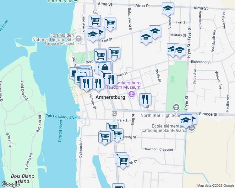 map of restaurants, bars, coffee shops, grocery stores, and more near 257 Seymour Street in Amherstburg