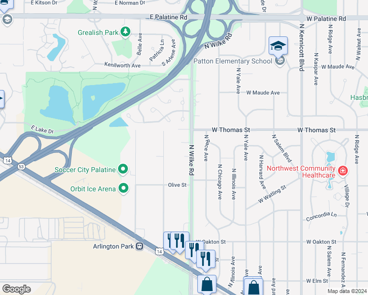 map of restaurants, bars, coffee shops, grocery stores, and more near 438 South Wilke Road in Palatine